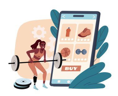 İnternetten spor malzemeleri satın almak. Elinde halterle akıllı telefonun yanında doğal takviyeli bir kadın. İnternette bir mağaza. Düz vektör çizimi beyaz arkaplanda izole edildi