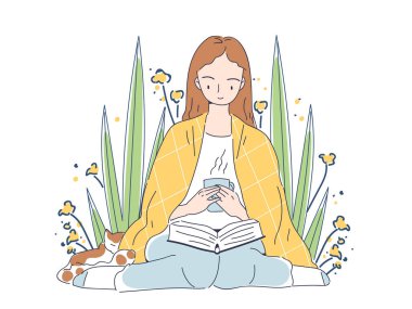 Kitap okuyan kadın. Kitap ve sıcak içeceklerle dolu genç bir kız. Hobi ve boş zaman. Okuma ve edebiyat aşkı. Beyaz arkaplanda izole edilmiş doğrusal vektör çizimi