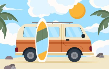 Yaz tatili kavramı. Plajda sörf tahtası olan bir minibüs. seyahat ve turizm. Tropik ülkelerde tatil ve tatil. Kıyı şeridine ve kumsala bir gezi. Düz vektör illüstrasyonu