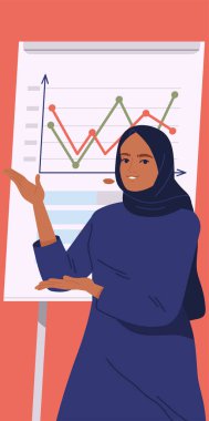 Arap iş adamı. Geleneksel Müslüman kıyafetleri içindeki kadın girişimci konferansta istatistik, grafik ve grafikleri analiz ediyor. Şirket büyümesi ve gelişimi. Düz vektör illüstrasyonu