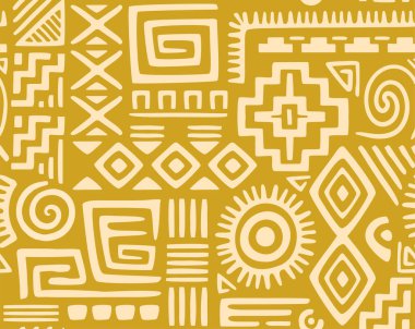 Etnik, pürüzsüz bir model. Soyut geometrik şekiller ve Aztek sembolleriyle kabile süslemelerini tekrarlıyorlar. Kumaş, duvar kağıdı ve ambalaj kağıdı için Navajo tasarım ögesi. Düz elle çizilmiş vektör çizimi