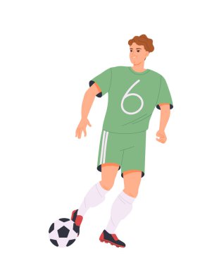 Futbolcu. Profesyonel Avrupalı futbolcu koşuyor ve topa vuruyor. Erkek sporcu. Şampiyonluk ya da rekabet. Spor ve aktivite. Düz vektör çizimi beyaz arkaplanda izole edildi