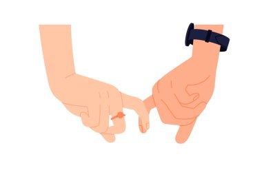 Çeşitli el hareketleriyle. Farklı insanların avuç içleri küçük parmaklarıyla tutuluyor. Aşkın, dostluğun, desteğin ve birliğin sembolü. Düz vektör çizimi beyaz arkaplanda izole edildi