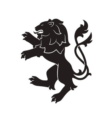 Kraliyet hanedan aslanı. Siyah siluet, yeleli, armalı ya da lüks logolu azgın aslan silueti. Damgalama veya arma için en iyi vahşi hayvan sembolü. Düz vektör çizimi beyaz arkaplanda izole edildi