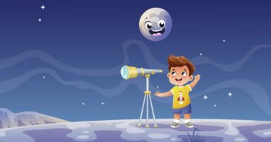 Çocuk teleskopla bak. Gezegen ve yıldızları keşfeden mutlu küçük çocukla birlikte hareket eden bir bayrak. Astronomi okuyan çocuk, uzayı ve evreni gözlemliyor. Çizgi film düz animasyon grafikleri