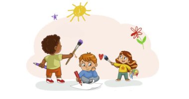 Sevimli çocuklar karalama yapar. Anaokulu çocukları ve kızların duvar boyaları ve kalemlerle çizdiği afişler. Fırçalı yaratıcı çocuklar. Çizgi film düz animasyon grafikleri
