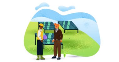 Sürdürülebilir yaşam tarzı. Alternatif enerji kaynaklarını üretimi için erkek girişimci pankartıyla taşımak. Güneş panelleri ve rüzgar türbinlerinden çevre dostu elektrik. Çizgi film animasyon grafikleri