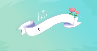 Anneler Günün kutlu olsun. Dekoratif kurdele, çiçek açan çiçekler ve kalpler üzerine şenlik metni olan hareketli bir afiş. Tatili kutlamak ve anneleri tebrik etmek için güzel bir tebrik kartı. Çizgi film animasyon grafikleri