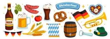 Beyaz arka planda izole edilmiş bir grup bira festivali elemanı. Oktoberfest bira festivali konsepti. Vektör etiketleri ayarlandı