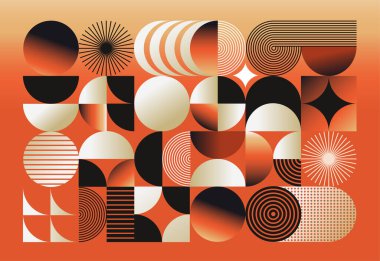 Modern abstract vector illustration with geometric shapes like circles, half-circles, rectangles in gradients of orange, black, beige. Composition includes stripes, radial patterns, dotted textures. clipart