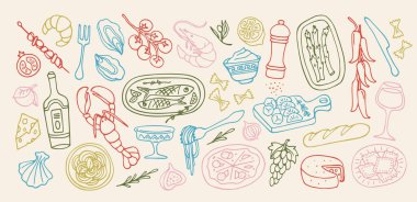 Akdeniz yemekleri karalama seti. Geleneksel İtalyan mutfağı, deniz ürünleri, makarna, sebze ve şarap içeren simgeler veya semboller. Sağlıklı beslenme. Arka planda el çizimi çizimi vektör çizimi izole edildi