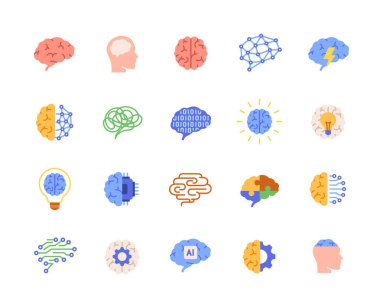 İnsan beyin simgeleri ayarlandı. Ruh sağlığı, psikoloji, zeka ve yaratıcı fikirlerle ilgili renkli işaretler. Uygulama için tasarım ögeleri. Düz vektör illüstrasyon koleksiyonu beyaz arkaplanda izole edildi