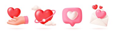 3D Kalp simgeleri ayarlandı. Elleriyle renkli emoji, kalp verir, aşk mektubu, sembol ve romantik işaret gibi. Sosyal ağlar için tasarım ögesi. Plastiksi biçiminde gerçekçi vektör illüstrasyon koleksiyonu