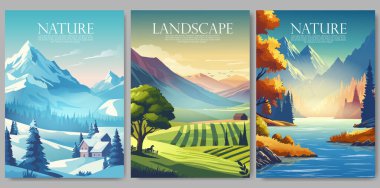 Karlı dağların, yemyeşil tarlaların ve dingin sonbahar göllerinin yer aldığı manzaraların vektör çizimi. Doğa temalı posterler, seyahat tasarımları ve mevsimlik dekorlar için mükemmel.