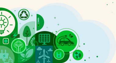 Eco-friendly vector illustration featuring green-themed icons symbolizing sustainability, renewable energy, electric vehicles, recycling, and nature conservation. Ideal for environmental projects clipart