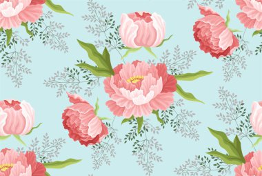 Çiçeklerle kusursuz desen. Kumaş üzerine baskı yapmak için tasarım ögesi tekrarlanıyor. Pembe gülün suluboya çizimi. Çiçek açar ve çiçek açar. Duvar kağıdı ve arka plan. Düz vektör illüstrasyonu