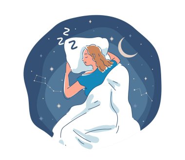 Kadın geceleri rüya görür. Genç kız battaniyenin altında, yıldızlı gökyüzünün arka planında yatıyor. İyileşme ve dinlenme, rahatlama. Doğru günlük rutin. Doğrusal vektör çizimi