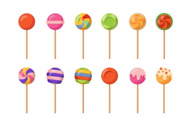 Lolipop koleksiyonu. Beyaz plastik çubuklardaki şeker ve şekerler. Meyveli tatlı ve lezzet. Renkli karamel. Tatlı yemek. Düz vektör seti beyaz arkaplanda izole edildi