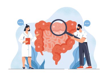 Bağırsak florasını inceliyorum. Büyüteçli kadın ve erkek bağırsakları ve mideyi inceliyor. Sağlık ve ilaç servisi. Teşhis ve tedavi. Düz vektör çizimi beyaz arkaplanda izole edildi