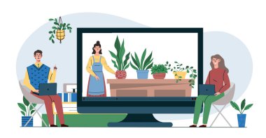 İnternette çiçekçisi olan insanlar. Bir adam ve bir kadın çiçek saksısı olan genç bir kızın videosunu izliyor. Bahçıvanlık, botanik ve bahçıvanlık. Düz vektör çizimi beyaz arkaplanda izole edildi