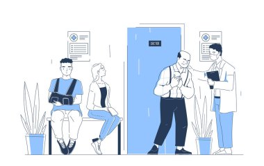 Hastanede kalp krizi geçirdi. Yaşlı adam kalbini tutuyor. Doktoru, kardiyologu görmek için hastanede kuyruğa girin. Teşhis ve tedavi. Sağlık ve ilaç servisi. Doğrusal vektör çizimi