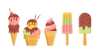 Dondurma ikonları hazır. Dondurma külahı ve dondurma topları. Çubuklu tatlı dondurma. Donmuş tatlı ve sıcak hava için lezzet. Düz vektör koleksiyonu beyaz arkaplanda izole edildi