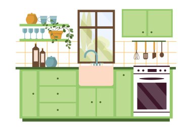 Mutfak modern iç mekan. Yeşil masalar, tezgah ve dolaplar. Fırın, fırın ve lavabo. Mobilyalar içeride. Rahat ve rahat bir daire. Düz vektör çizimi beyaz arkaplanda izole edildi