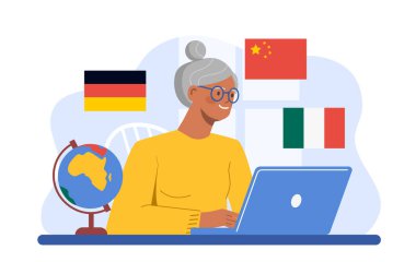 Yabancı dil öğrenen yaşlı bir kadın. İtalyan, Alman ve Çin bayraklarının yanında dizüstü bilgisayarı olan yaşlı bir kadın. İnternet 'te eğitim ve öğrenim. Düz vektör çizimi beyaz arkaplanda izole edildi