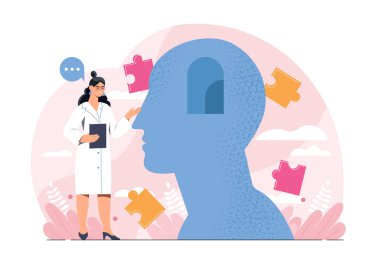 Psikoloji konsepti olan bir doktor. Baş silueti olan tıbbi üniformalı bir kadın. Zihinsel ve psikolojik sağlıkla ilgilenmek. Düz vektör çizimi beyaz arkaplanda izole edildi