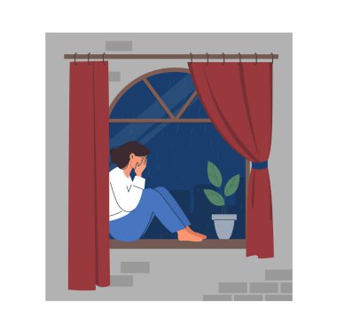 Pencerede kederli bir kadın. Genç kız pencerenin kenarında oturup ağlar. Yalnızlık, hüsran ve depresyon. Negatif duygular ve duygular. Düz vektör çizimi beyaz arkaplanda izole edildi