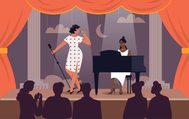 Kadın tiyatroda şarkı söylüyor. Genç kız sahnede mikrofonla gösteri yapıyor. Vokalist ve piyanist sahnede. Tiyatro, konser ve opera. Kültürel eğlence ve eğlence için. Düz vektör illüstrasyonu