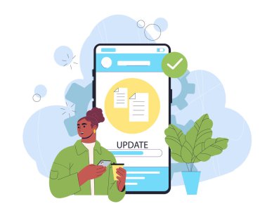 Kadın güncelleme dosyası. Kız belgeleri akıllı telefona yüklüyor. İşletim sistemi güncellemesi. Belge elektronik depoya yükleniyor, bulut servisi. Düz vektör çizimi beyaz arkaplanda izole edildi