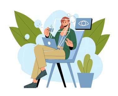 Yüz taraması yapılan bir kadın. Dizüstü bilgisayarın yanında genç bir kız yetki veriyor. Kişisel veri koruması. Biyometrik tanımlama ve doğrulama. Düz vektör çizimi beyaz arkaplanda izole edildi