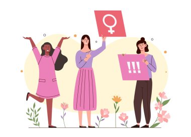 Feminizmli kadınlar. Posterleri ve tabelaları olan genç kızlar. Siyasi protesto ve gösteri. Kadınsı güç. Hoşgörü ve birlik, eşitlik. Düz vektör çizimi beyaz arkaplanda izole edildi