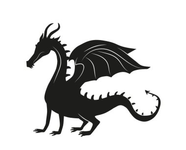 Ejderha silueti. Siyahi kurgusal karakter. Sosyal ağlar için etiket. Peri masalı, hayal gücü ve fantezi. Korkunç hayvan ve canavar. Düz vektör çizimi beyaz arkaplanda izole edildi