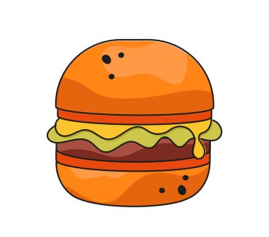 Fast food ikonu. Et, peynir ve sebzeli hamburger. Paket yemek ve fast food. Kahve ya da yemek menüsü. Poster ya da afiş. Beyaz arkaplanda izole edilmiş doğrusal vektör çizimi