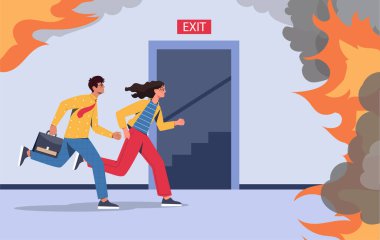 Ofiste yangın çıktı. Kadın ve erkek yanan binadan kaçarlar. İçeride kaza ve acil durum. Korku ve panik. İnsanlar salonu terk ediyor. Tehlike ve tehlike. Düz vektör illüstrasyonu