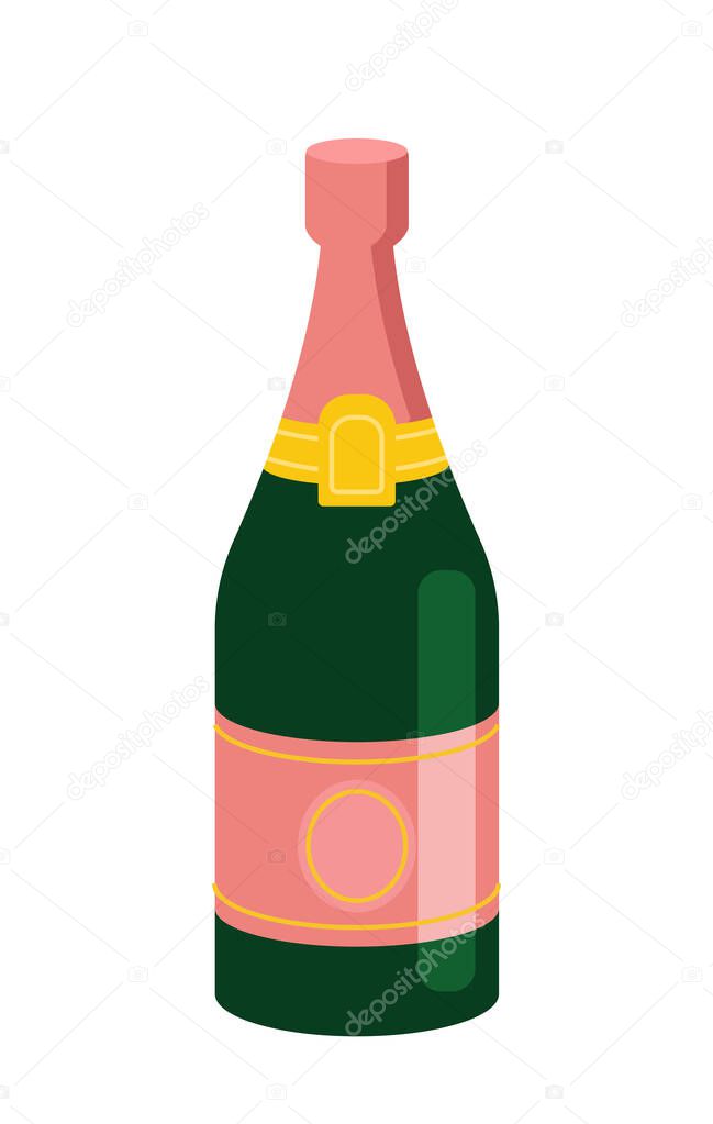 Bottle of champagne. Alcoholic drink and beverage. Prosecco and chardonnay. Restaurant menu. Trendy wine bottle for event. Flat vector illustration isolated on white background