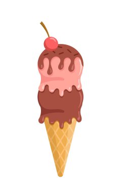 Dondurma ikonu. Krep külahında pembe dondurma topları. Çikolata kremalı dondurma. Donmuş tatlı ve lezzet. Şablon ve düzen. Düz vektör çizimi beyaz arkaplanda izole edildi
