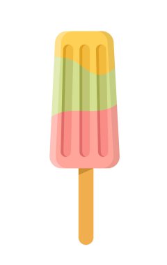 Dondurma ikonu. Sundae dondurması ahşap çubukta. Çikolata kremalı dondurma. Donmuş tatlı ve lezzet. Sosyal medya etiketi. Düz vektör çizimi beyaz arkaplanda izole edildi