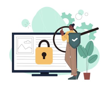 Koruma bilgisi olan bir kadın. Büyüteçle bilgisayar ekranına asma kilitle bakan genç bir kız. İnternet 'te güvenlik ve güvenlik. Düz vektör çizimi beyaz arkaplanda izole edildi