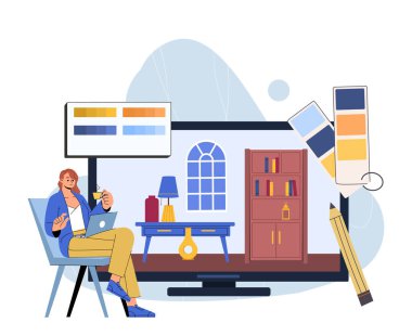 Kadın iç mimar. Dizüstü bilgisayarı olan genç bir kız masa ve dolaba bakıyor. Mobilya, dekorasyon ve iç dekorasyon malzemeleri. Evdeki rahatlık ve rahatlık. Düz vektör illüstrasyonu