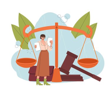 Kuralları ve kanunları olan bir kadın. Genç kız büyük ölçeklerin yanında duruyor ve Yargıç Tokmak 'ın yanında. Anlaşmaların yasal desteği. Adalet ve yargı. Düz vektör çizimi beyaz arkaplanda izole edildi