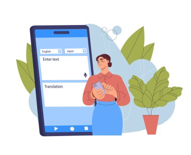 Çevrimiçi çevirmeni olan kadın. Japonca çevirmen uygulaması olan akıllı telefonu olan genç bir kız. Kelime haznesi ve sözlük. Düz vektör çizimi beyaz arkaplanda izole edildi