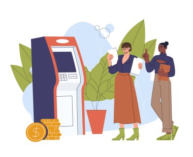 ATM 'ye yakın insanlar. Terminale yakın altın paraları olan kadınlar. Banka müşterileri kuyrukta. Nakitsiz işlemler ve banka havaleleri. Düz vektör çizimi beyaz arkaplanda izole edildi