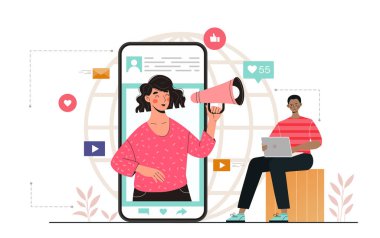 Sosyal medya blogcusu. Hoparlörlü kadın akıllı telefon ekranında. İnternet promosyonu. Sosyal ağlar üzerinde etkili. Reklam ve pazarlama. Düz vektör çizimi beyaz arkaplanda izole edildi