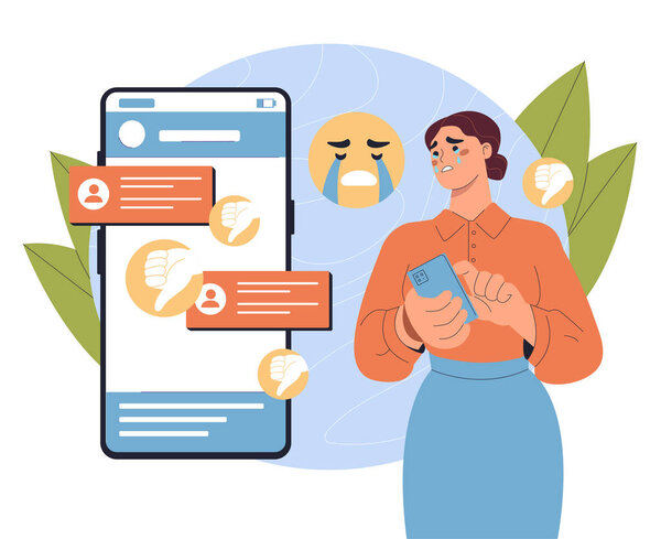 Woman with bad comments. Young girl reads negative comments on social networks. Cyberbullying on Internet. Mental and psychological problems. Frustration and depression. Flat vector illustration