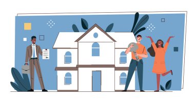 Aile evi satın alıyor. Anahtarı olan bir adam ve büyük bir binanın yakınında bir kadın. Finansal okuryazarlık ve pasif gelir. Emlakçılıkla uğraşıyor. Düz vektör çizimi beyaz arkaplanda izole edildi