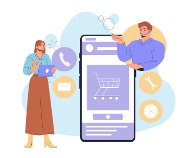 Müşteri ile merkez çalışanını ara. Kulaklıklı bir adam kadınlara sorulara cevap verir. İnternetteki iletişim ve etkileşim. Rehber, bilgi, bilgi. Düz vektör illüstrasyonu