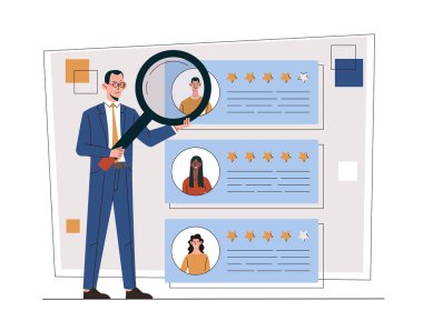 İş aday araması. Büyüteci olan adam, çalışanları ve boş pozisyondaki adayları değerlendirir. İşe alım ve adam alma, performans. Düz vektör çizimi beyaz arkaplanda izole edildi